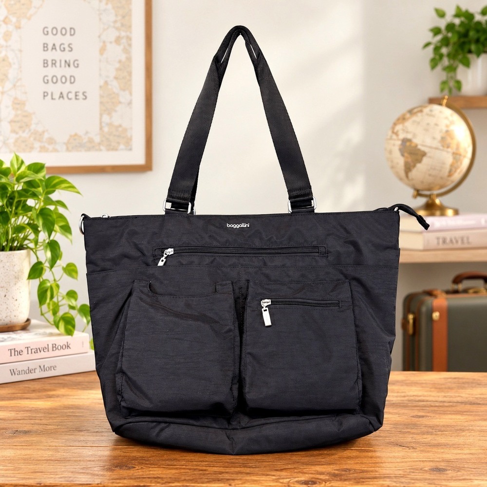 Baggallini Laptop Tote Bag Womens Large Black Nylon Travel Work Multi-Pocket